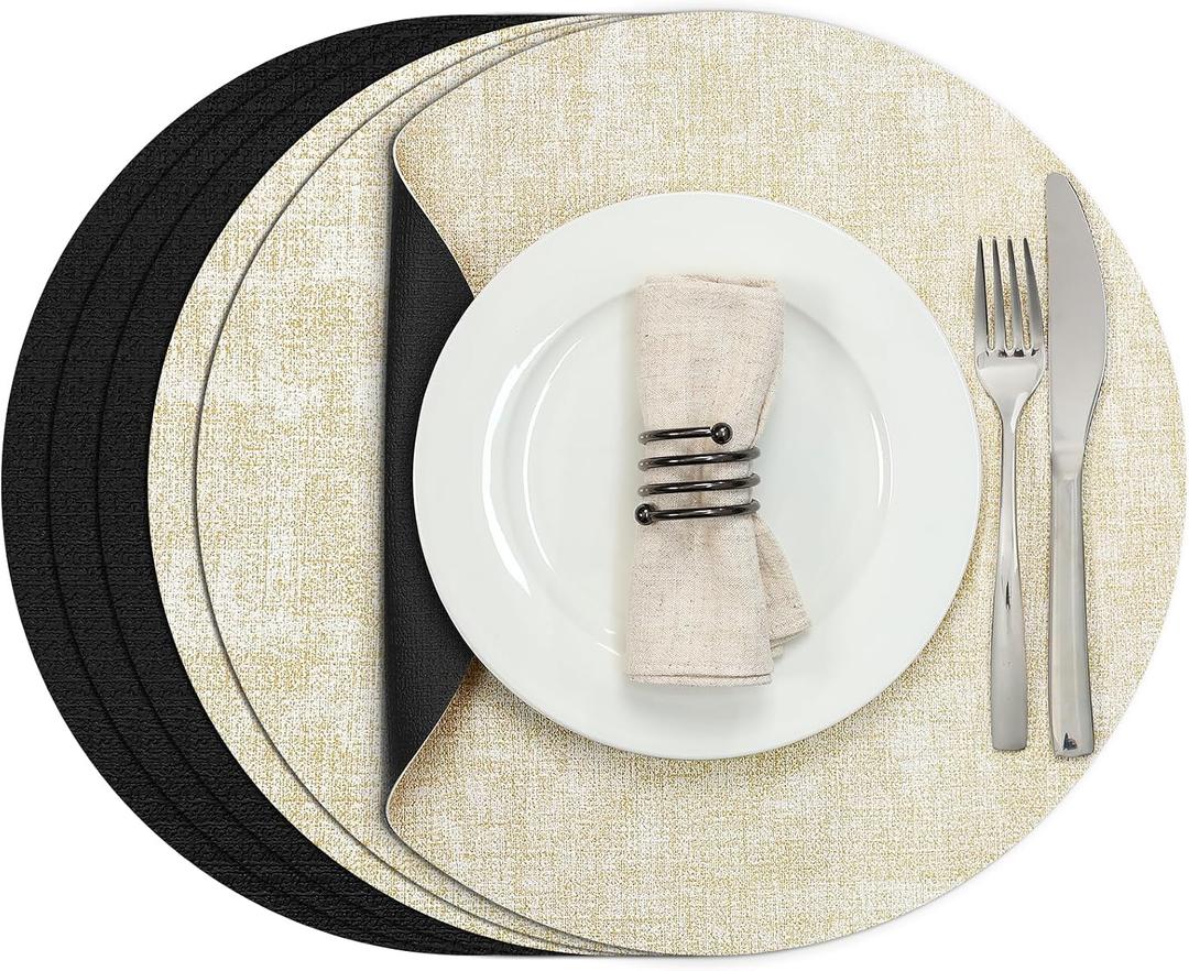 Myir JUN Round Placemats, Dual Sided Faux Leather Place Mats Set of 6 Indoor/Outdoor Non-Slip Washable Table Mats (Cream-White Black, Set of 6)
