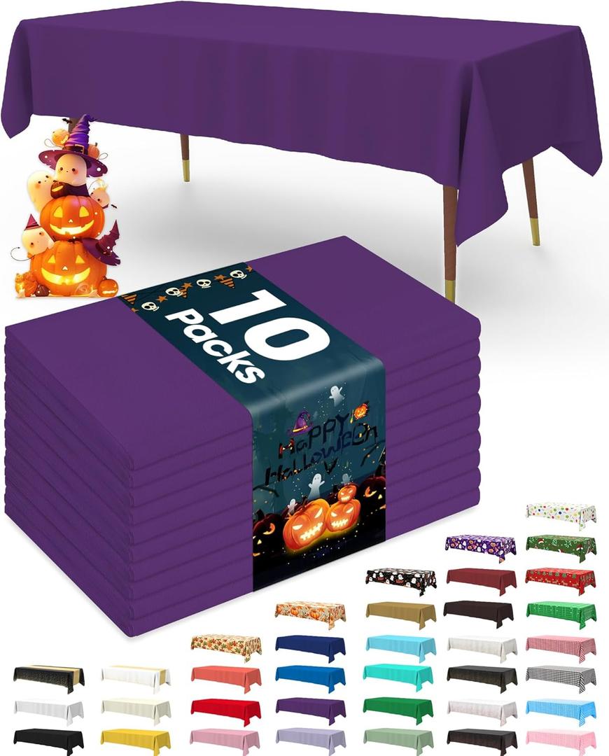 Pureegg Plastic Table Cloth Disposable 10 Pack, 54 x 108 Inch Table Cloths, Halloween Party Decorations, Summerween Decor, Halloween Tablecloths, Rectangle, Plastic Cover, Leakproof & Sturdy, Purple
