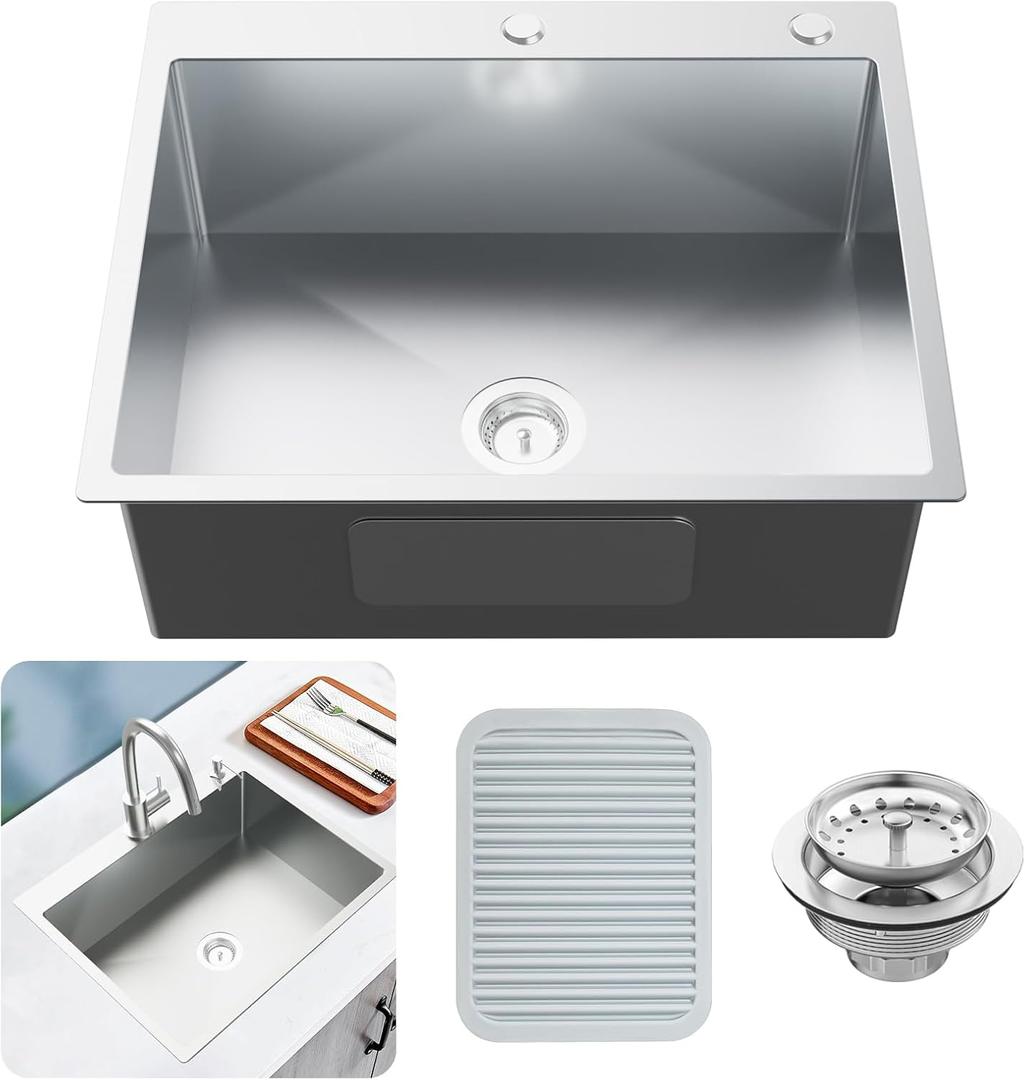 Kitchen Sink, Stainless Steel 27 x 22 Inch Drop In Kitchen Sink Single Bowl Top Mount Kitchen Sink Set - Silicone Mat And Drain Assembly For Modern Kitchen Stylish and Functional (Original)