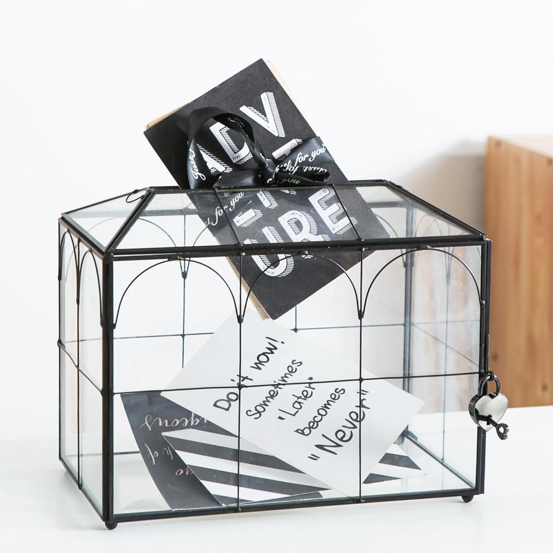 Wedding Card Box with Slot, 10.2'' Large Black Glass Card Boxes for Reception, Clear Decorative Storage Box with Lock for Baby Shower, Birthday Party, Christmas, Bridal Shower