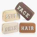 Kajaia 4 Pcs Preppy Makeup Bags Chenille Letter Bag Hair Face Skin Stuff Cosmetic Pouch Cases for Women Travel Toiletry Spend The Night(Beige, Brown, Milk White, Coffee,Fresh)