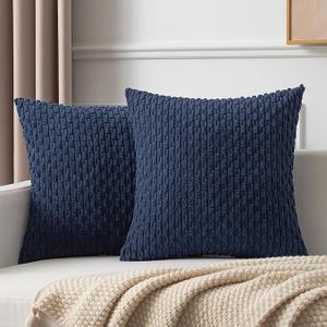 Kevin Textile Throw Pillow Covers Soft Corduroy Decorative Set of 2 Boho Striped Pillow Covers Pillowcases Farmhouse Home Decor for Couch Bed Sofa Living Room 20x20 Inch Blue