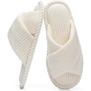 GOEWY Slippers for Women Memory Foam House Bedroom Corduroy Crossbands Open Toe Slides Sandals Shoes Comfy Trendy Gift for womens Anti-Skid sole (White, M)