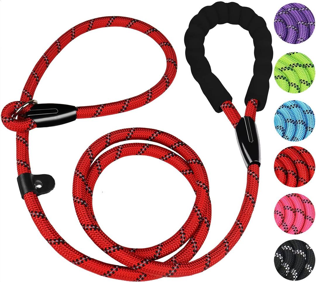 Slip Lead Dog Leash, 6 FT Heavy Duty Dog Leashes, Durable Training Rope Slip Leash with Comfortable Padded Handle and Highly Reflective Threads for Small Medium and Large Dogs, (Red) (6 Feet x 1/2 Inch)