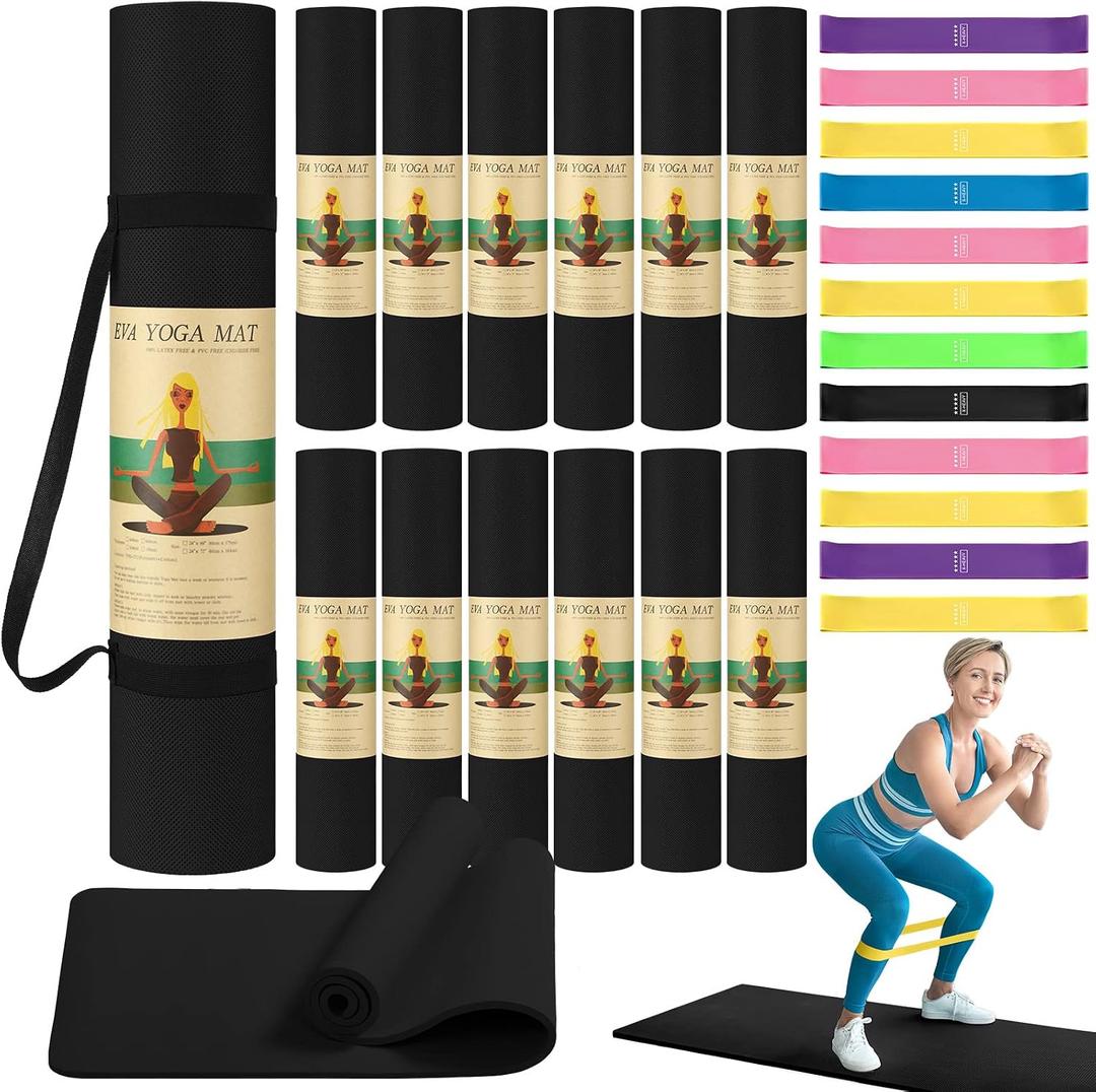 Hoolerry 36 Pieces Yoga Mats Sets Includes 12 Pcs Yoga Mats Bulk 68 x 24 x 6mm Thick Exercise Mat Non Slip 12 Resistance Bands 12 Carrying Straps for Women Girls for Gym Pilates