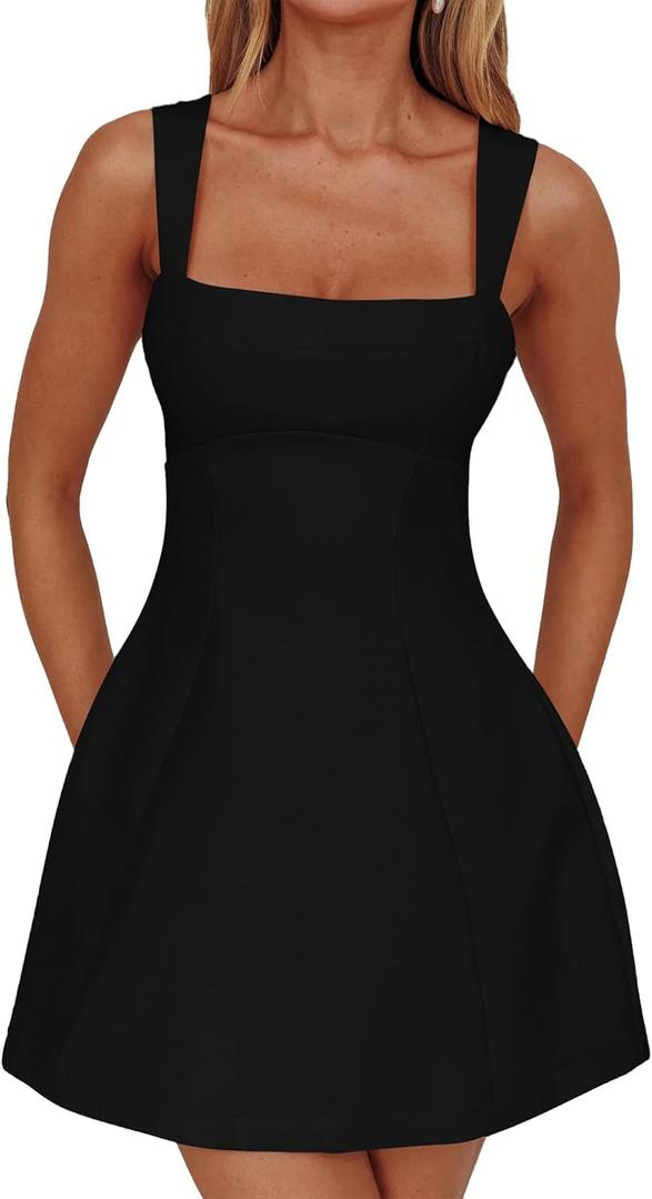 DAAWENXI Women's Casual Square Neck Sleeveless Tank Top Flare Mini Dress A Line Party Club Dresses (Black, L)