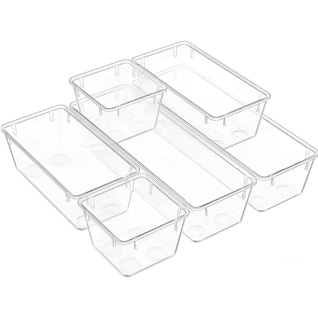 Clear Acrylic Drawer Organizer Trays, 5 Size Junk Box Organization Small Storage Container Bin for Desk Makeup Bathroom Vanity Kitchen Tool Make Up Workspace Home Dorm Apartment Office Room Nightstand