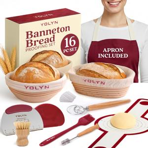 Sourdough Bread Baking Supplies with 2 Banneton Bread Proofing Basket Sizes - 16 Piece Sourdough Starter Kit Including Dough Whisk, Scraper, Lame, Apron for Artisan Bread Making