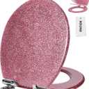 Angol Shiold Round Resin Toilet Seat Glitter Pink Soft Close Quick Release Metal Zinc Alloy Hinge Easy to Install also Easy to Clean, Decorative Acrylic Seats (17 Inch, Pink Glitter)