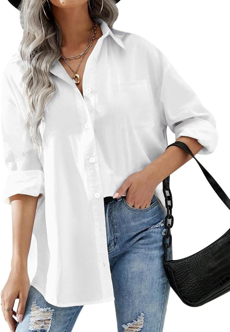 HOTOUCH Women Oversized Button Down Shirts Office Drop Shoulder Blouse Long Sleeve Boyfriend Dress Shirt with Pockets (Large, White)