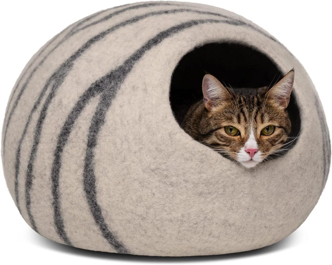 MEOWFIA Cat Cave  Premium Felt Cat Bed for Indoor Cats, Handmade 100% Merino Wool, Cat (Light Grey, Large)