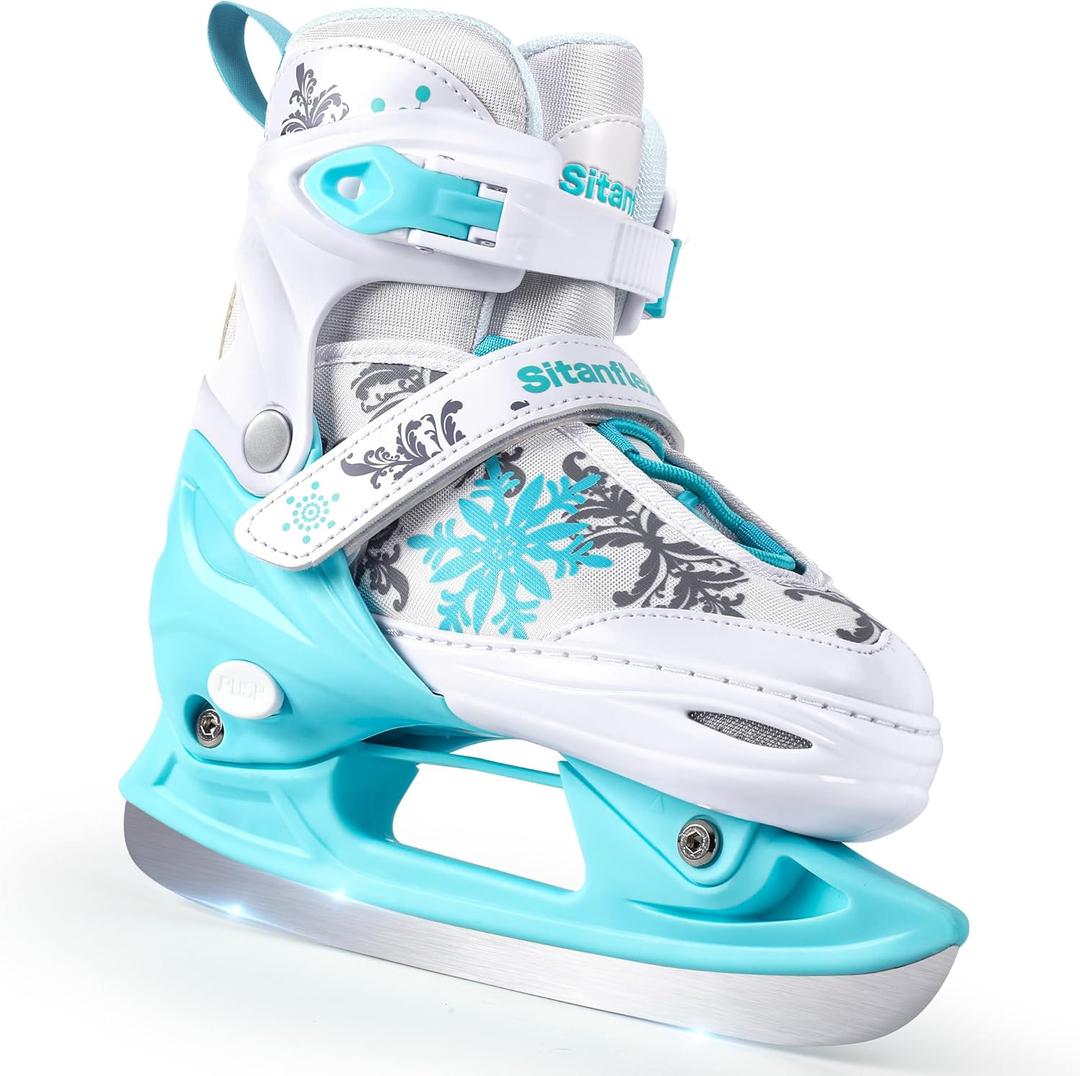 Snowflake Girls Ice Skates for Kids, Adjustable Kids Ice Skates for Girls Boys Ages 3-12, Beginner Ice Skating Shoes for Outdoor and Rink, Warm Comfortable Lining and Reinforced Ankle Support,  Blue, Size M 35-38