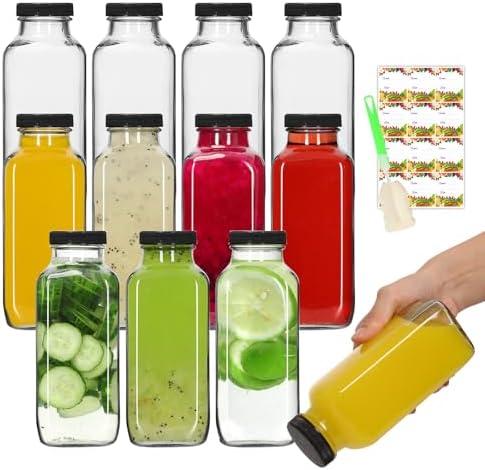 AuroTrends 12 oz Glass Bottles with Lids 9 Pack, 360ml Glass Bottles for Juicing, Water, Kombucha - Portable Glass Juicing Bottles Reusable Glass 12oz (12fl.oz, Set of 9)