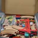 Tiny Land 110pcs Wooden Train Set with Folding Storage Box, Wooden Train Track Toy for Boys & Girls, Age 3-7, Includes Convenient Storage