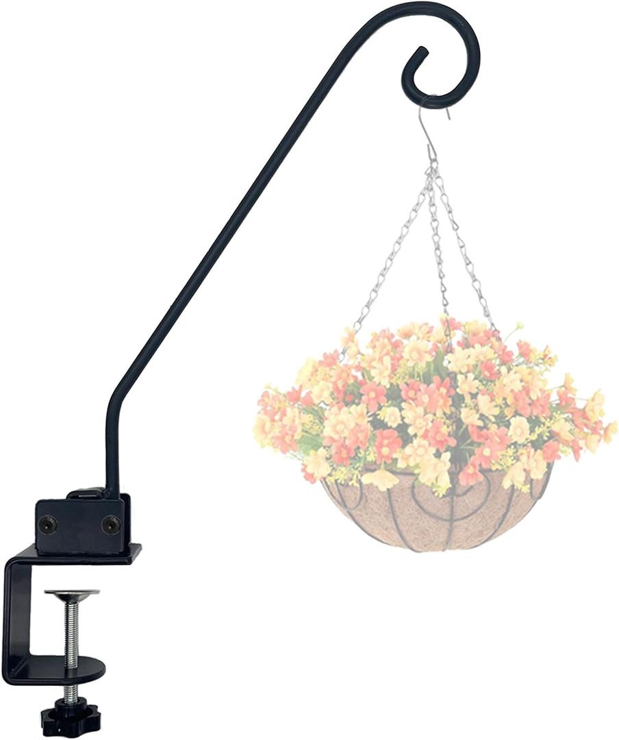 Heavy Duty Deck Hook,Courtyard Decoration,Pole 16.5Long Metal Deck Railing Hooks for Hanging Bird Feeders,Planters,Suet Baskets,Lanterns,Wind Chimes,Clamp Mounted,Under 18 LBS (Black)