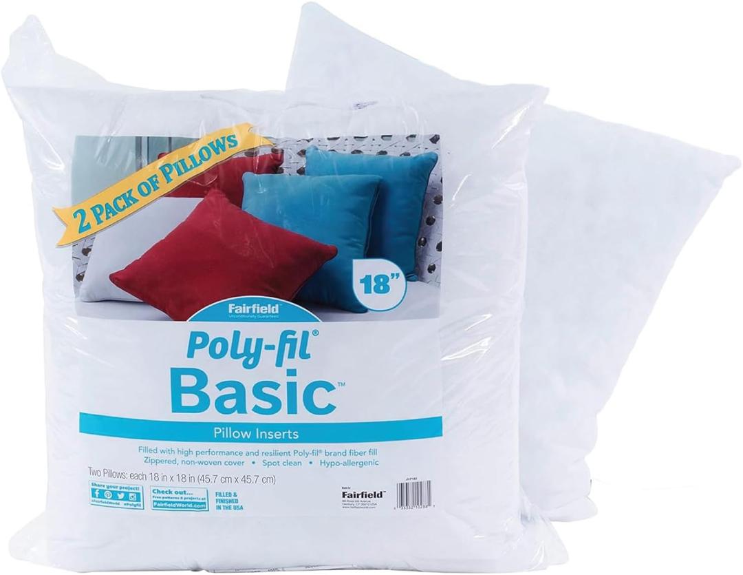 Fairfield Poly-Fil Basic Inserts Ideal, Travel Pillows, and Home Decor, Zippered, Non-Woven Cover, Spot Clean, 18” Square, White 2 Count