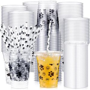meekoo Dog Paw Plastic Cups, 12 oz, 50 Sets, Clear, Disposable, with Lids and Straws, for Parties and Celebrations (about 4.25 x 3.54 inches)