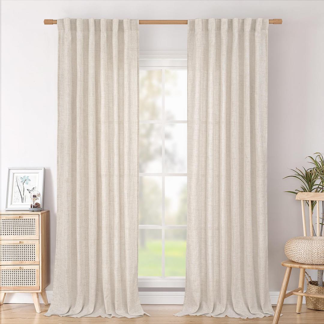 BGment 96 Inches Long Linen Semi Sheer Curtains for Living Room 1 Panel Set, Light Filtering Drapes Natural Textured with Rod Pocket Back Tab for Farmhouse Bedroom, Each Panel 52 Inch Wide