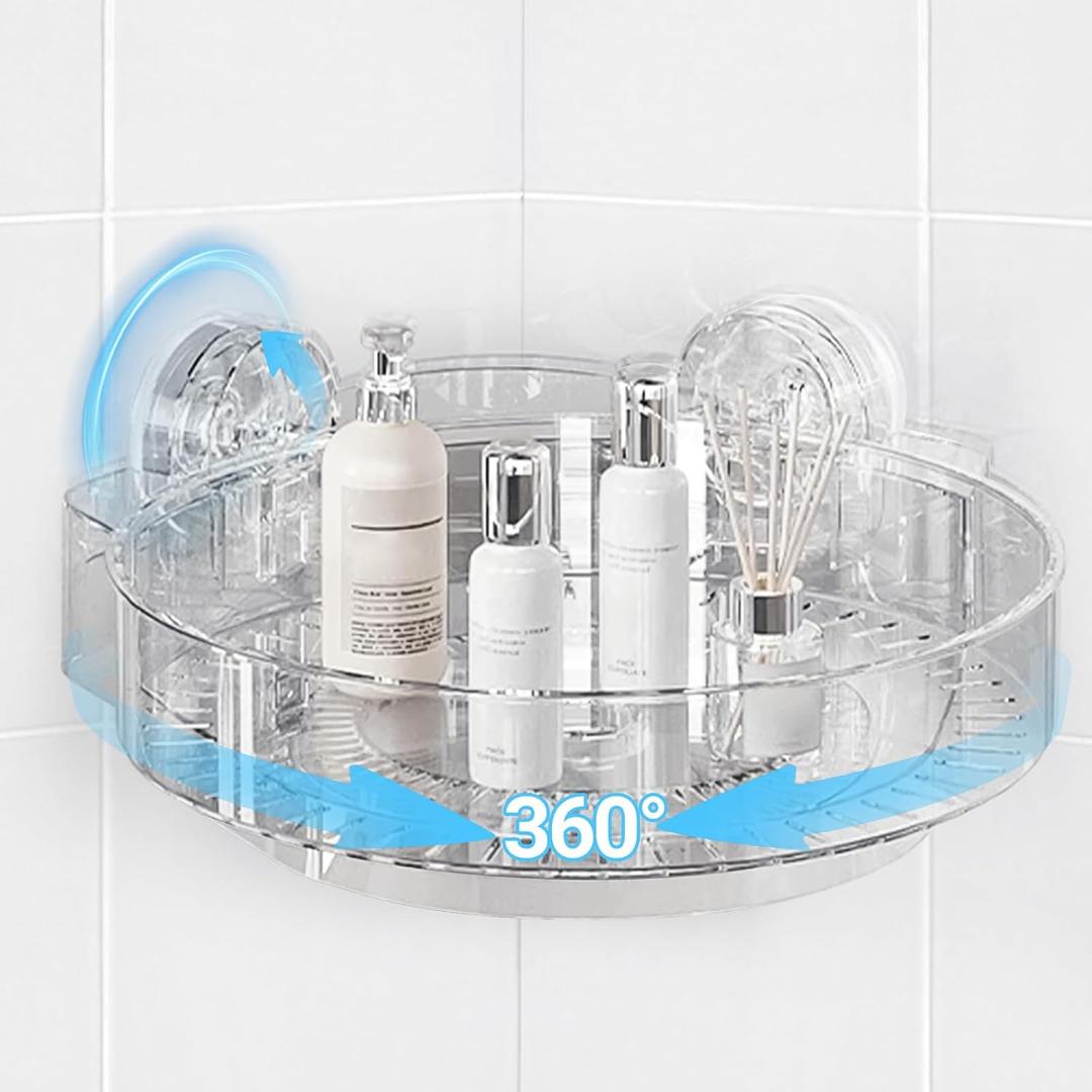 360 Rotating Corner Shower Caddy with Strong Suction Cups, Waterproof Bathroom Organizers and Storage Accessories, Easy to Install and Removable Shower Shelves for Vanity Kitchen Home