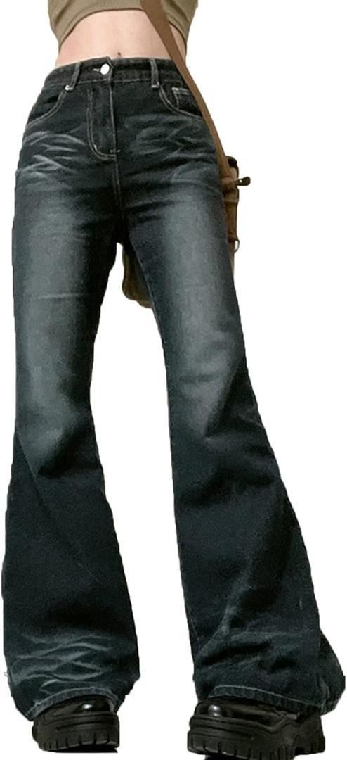 HOXIJIA Women Low Rised Wide Leg Denim Pants Y2k Solid Baggy Flared Hem Jeans Stretch Bell Bottom Trousers (Small, Black) HOXIJIA Women Low Rised Wide Leg Denim Pants Y2k Solid Baggy Flared Hem Jeans Stretch Bell Bottom Trousers (Small, Black)