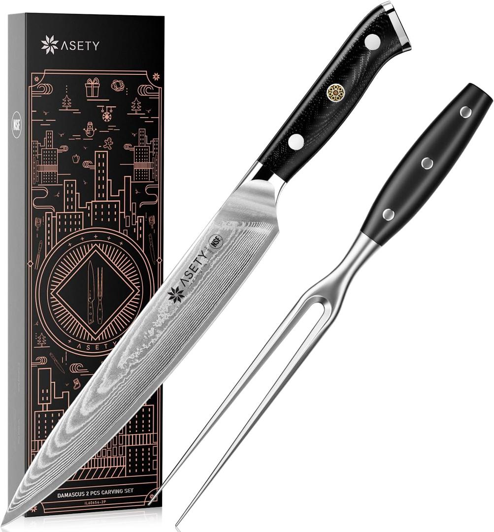 Carving Knife Set 2PCS: Damascus Carving Knife and Fork Set, Carving Set for Turkey, Meat, BBQ, Brisket, Full Tang Slicing Knife with Christmas Elegant Box, G10 Handle