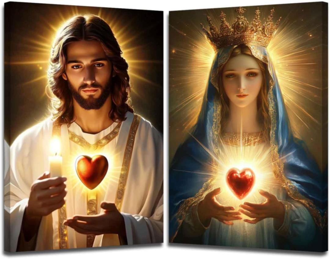 XLMDYYSW Sacred Heart Canvas Wall Art 2 Panel Jesus and Mary Portrait Picture God Divine Mercy Painting Christian Catholic Prints for Church Decor Framed (White, 16.00" x 24.00" x 2PCS)