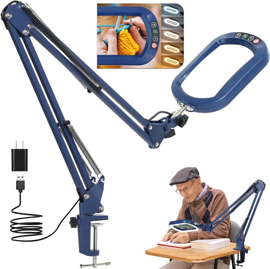 10X Large Magnifying Glass with Light and Clamp, Real Glass, 5 Color Modes, Stepless Dimmable, Lighted Magnifier with Stand Hands Free, LED Swing Arm Desk Lamp for Close Work, Craft, Reading - Blue