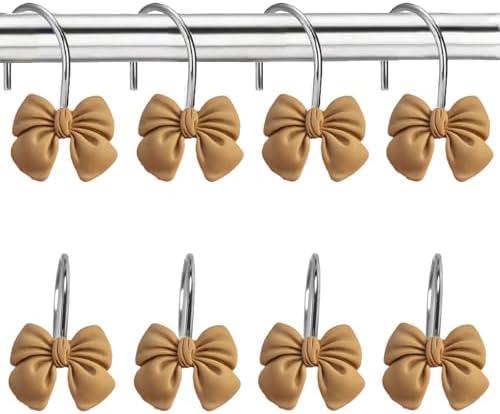 Brown Resin Bow Shower Curtain Hooks - 12 Pack for Bathroom, Decorative Bow Hooks