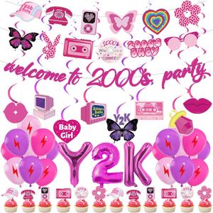2000s Y2K Party Birthday Decorations - 44 Pcs Pink Early 2000s Theme Party Banners Hanging Swirls Cake Toppers Balloons Decor Rainbow Hearts Retro Elements for Women Birthday Bachelorette Supplies