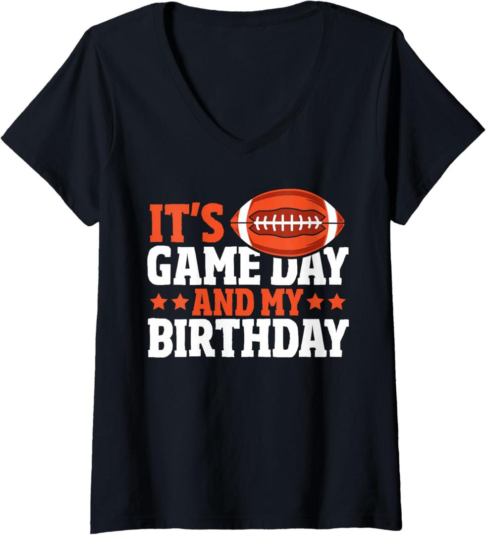 Womens American Football Birthday Boy It's Game Day And My Birthday V-Neck T-Shirt, Size Ladies S