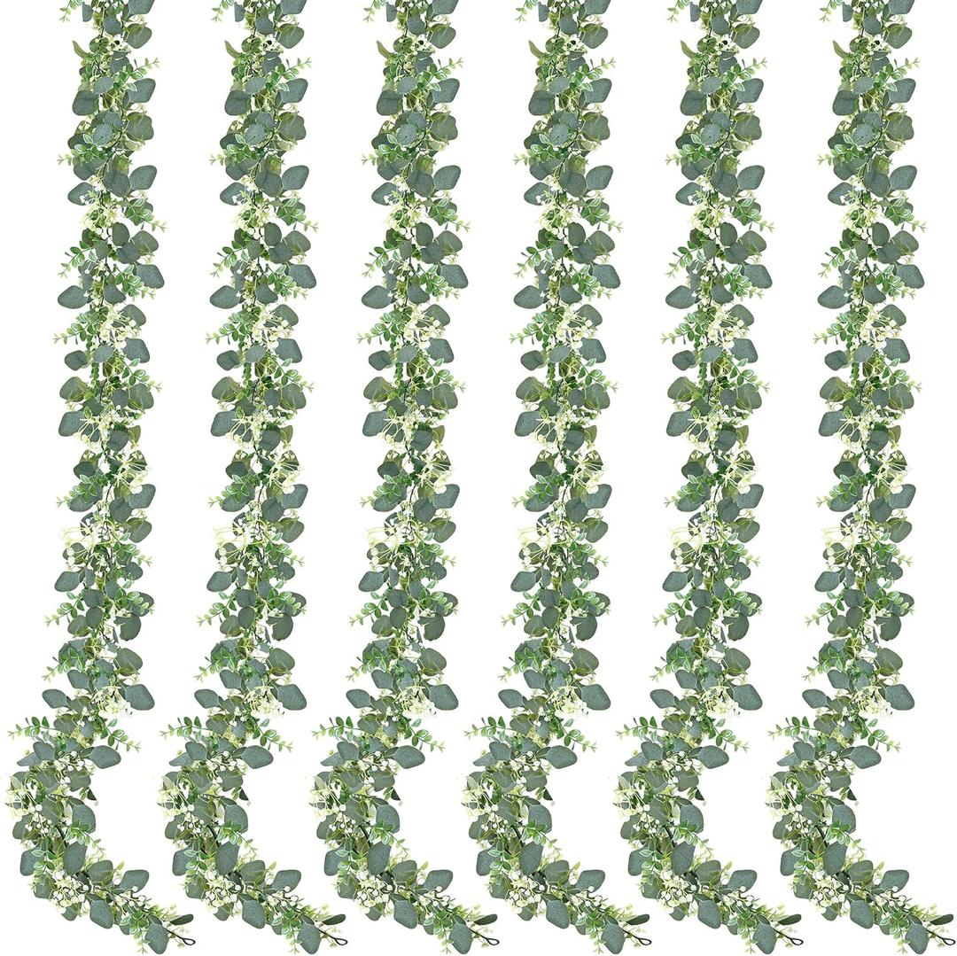 Sggvecsy 6 Pack Artificial Eucalyptus Garland Eucalyptus Leaves Vines Greenery Garland Faux Silver Dollar Eucalyptus Leaves for Table Party Wedding Indoor Outdoor Home Mantle Wall Decor
