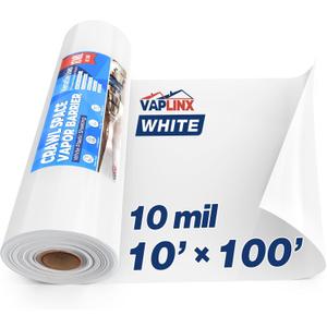 White Crawl Space Vapor Barrier, 10 Mil Vapor Barrier, 10' x 100', Heavy Duty Polyethylene Film, Thick Plastic Sheeting, Plastic Drop Cloth Covering for Crawlspace, Basement, White