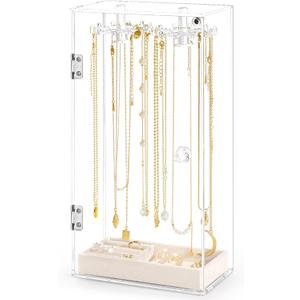 Necklace Holder, Acrylic Jewelry Organizer with 24 Hooks, Rotation Clear Necklaces Pendant Display Case Stand, Dust-proof Velvet Tray Hanging Rack Storage for Earrings Rings