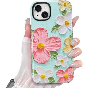 KANGHAR Cute Case for iPhone 14 Case for Women Girls [Compatible with MagSafe] Pink and Green Oil Painting Floral Print Pattern Design, Aesthetic Girly Flowers Magnetic Protective Phone Cover