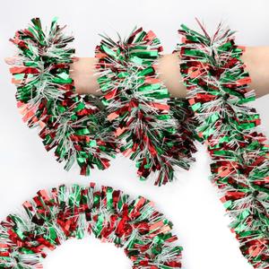 50FT Red Green White Christmas Tinsel Garland Metallic Twist Shiny for Christmas Tree Decorations, Xmas Holiday Hanging for Home Mantle Stair Indoor Outdoor Party Supplies Decor