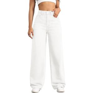 Straight Leg Jeans for Women,High Waisted Wide Leg Loose Stretchy Boyfriend Denim Pants Baggy Jeans for Women (Large, White)