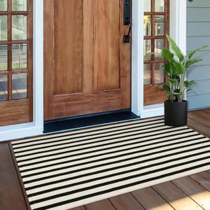 OJIA Front Door Mat 24"x51", Machine Washable Porch Rugs Indoor Outdoor Outside Layered Doormat Striped Front Door Rug Cotton Woven Entryway Rug for Kitchen/Bathroom/Farmhouse/Home Entrance Decor (Black/Cream)