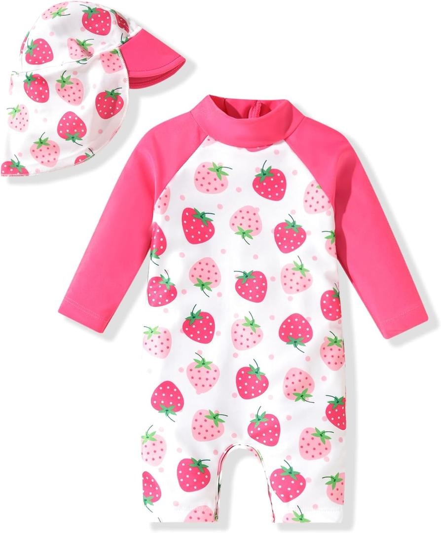 Aalizzwell Baby Girls Long Sleeve One Piece Bathing Suit with Hat (6-12 Months, Multicolored Strawberry)