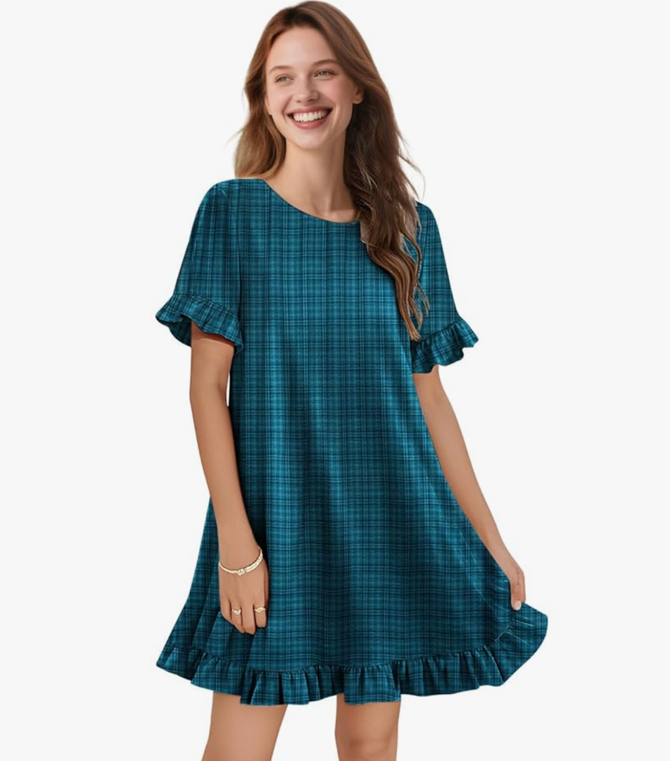 YESNO Summer Dresses for Women 2025 Floral Boho Ruffle Short Sleeve Sundresses Casual Shift Dress ESA Size XL, Dark Cyan
