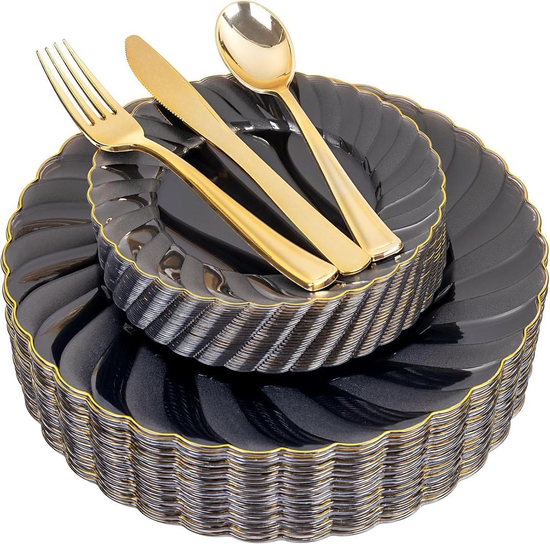 YOUBET 125PCS Clear Black Plastic Plates - Black and Gold Disposable Plates Include 50 Plate, 75 Gold Silverware for Wedding & Party & Birthday