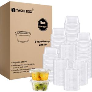 TashiBox Plastic Portion Cups with Lids [2 Ounce, 200 Sets] Disposable Plastic Cups for Meal Prep, Salad Dressing, Jellos Shot Cups, Souffle Cups, Condiment & Dipping Sauce Cups