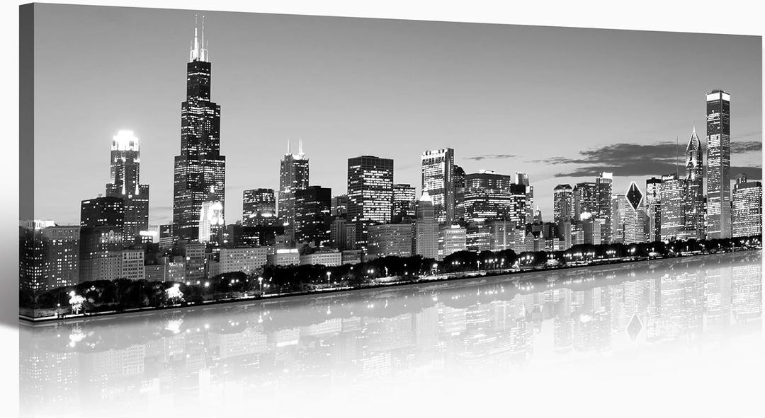Chicago Skyline Wall Decor Framed Living Room Black and White Cityscape Canvas Wall Art for Bedroom Teal USA City Posters Paintings for Home Decorations 14"X48"