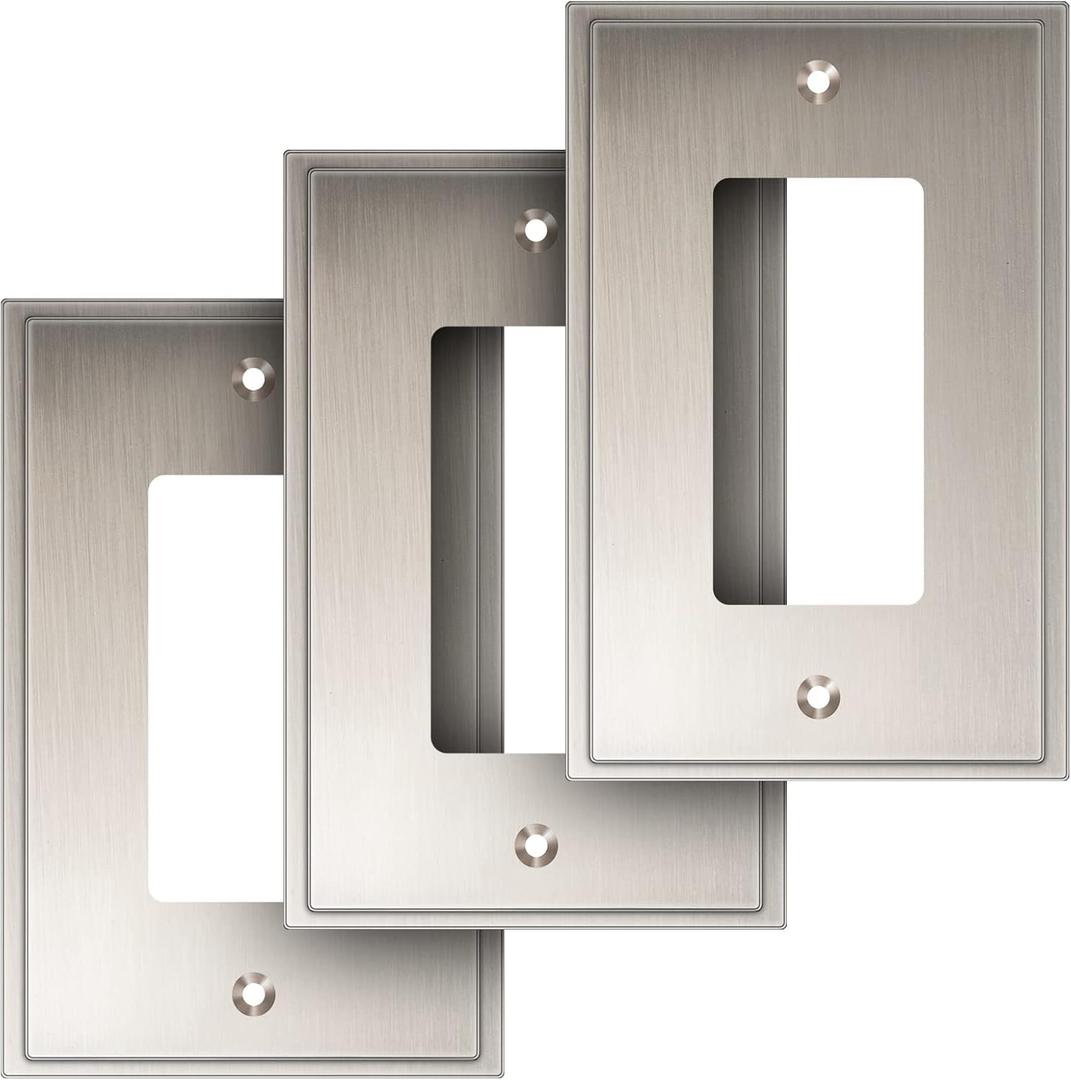 Henne Bery Soft Modern Decorative Wall Plate Switch Plate Outlet Cover (Single Decorator 3PK, Satin Nickel)