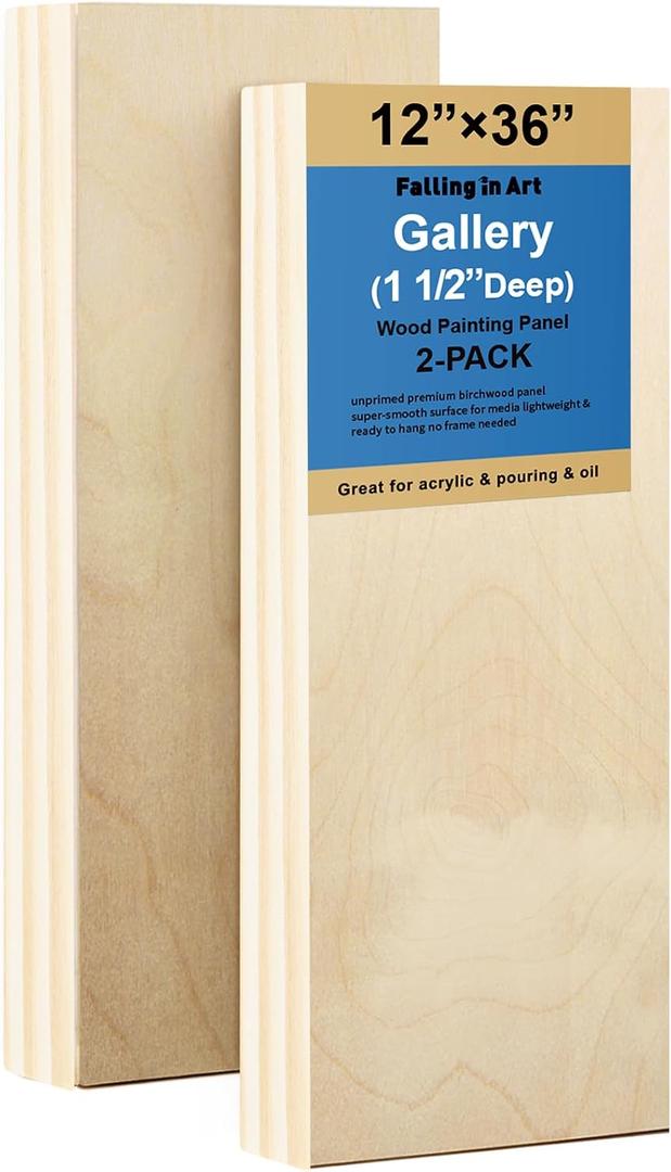 Falling in Art 2 Pack Unfinished Wooden Canvas Panels, 12x36 Gallery Birch Wood Panels Kit, 1 1/2" Deep Art Cradle Boards for Acrylic Painting, Pouring and Burning