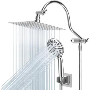 Hibbent All Metal Shower Head, 8'' High Pressure Rainfall Shower Head, Handheld Showerhead Combo with 12'' Adjustable Curved Extension Arm, 7-Spray, 71'' Hose, Adhesive Showerhead Holder, Chrome