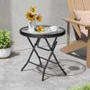 Foldable Side Table with Tempered Glass Top 18" Outdoor Folding Side Tables Small Glass Patio Table for Porch Yard Balcony Deck Lawn Dining Garden (Black)