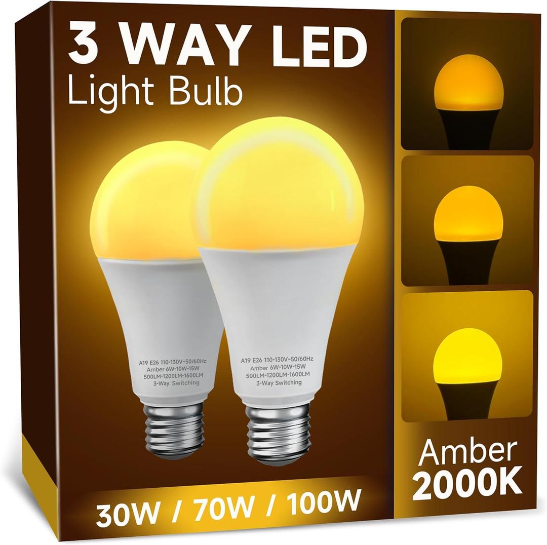 3 Way Light Bulbs 30 70 100W Equivalent, A19 Three Way LED Amber Light Bulbs 2000K, E26 Medium Base, Three Settings for Desk Touch Lamps, Floor Lamps, 2 Pack