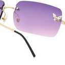 knliwkm Rimless Rectangle Y2k Sunglasses for Women Men Cute Small Clear Frameless Tinted Lens 2000S Fashion Shades Butterfly (Gold, Purple/ Pink)
