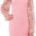 WDIRARA Girl's Sheer Mesh Flounce Long Sleeve Appliques Square Neck Dress Pink 8Y
