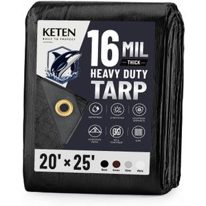 Keten Tarps Heavy Duty Waterproof 20x25 Feet, Extra Thick 16 Mil (Black)